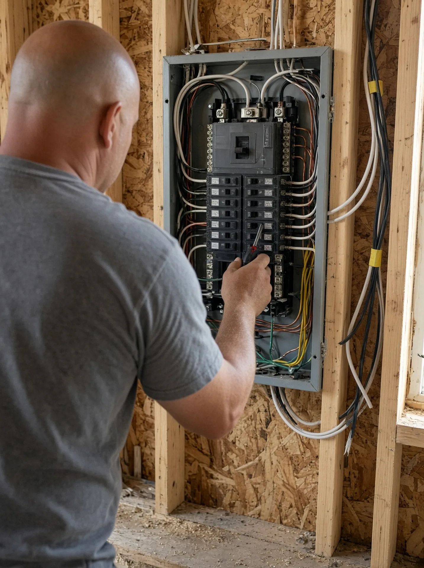 Electrician working a residential panel from behind in a wood-framed new-construction house